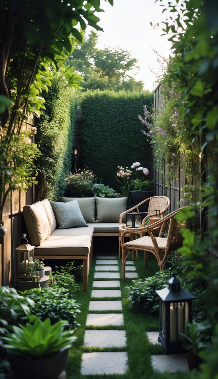 A small outdoor seating area with compact furniture surrounded by green plants in a narrow garden space.